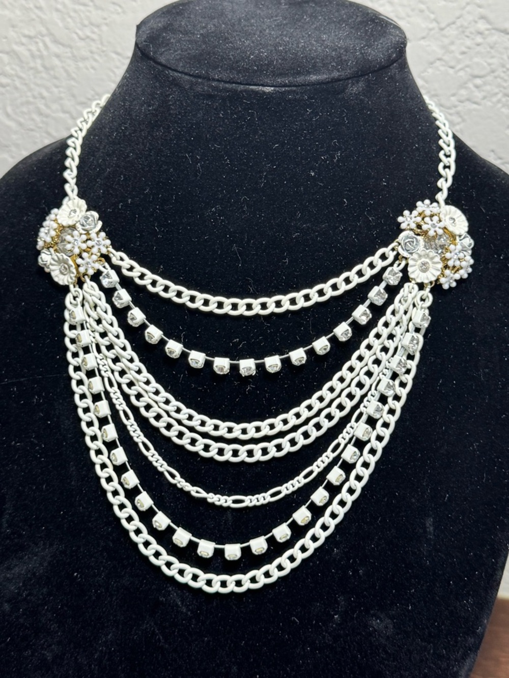 Vintage Betsey Johnson White Enamel Floral Multi-Strand Statement Necklace